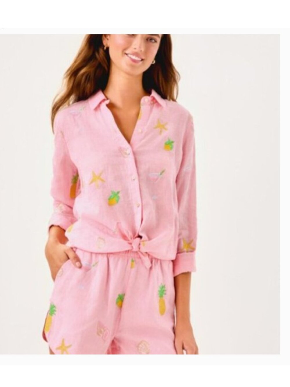 Lilly Pulitzer Sea View Linen Button Down Shirt Conch Shell Pink Happy Hour sz M